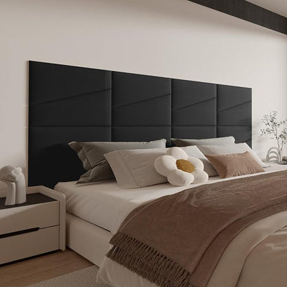 Peel and Stick Headboard for Twin Bed Linen Fabric Upholstered Wall Mounted Headboard - Wall Padding Panel in Black for Bedroom/Living Room/Dorm (4 Panels)