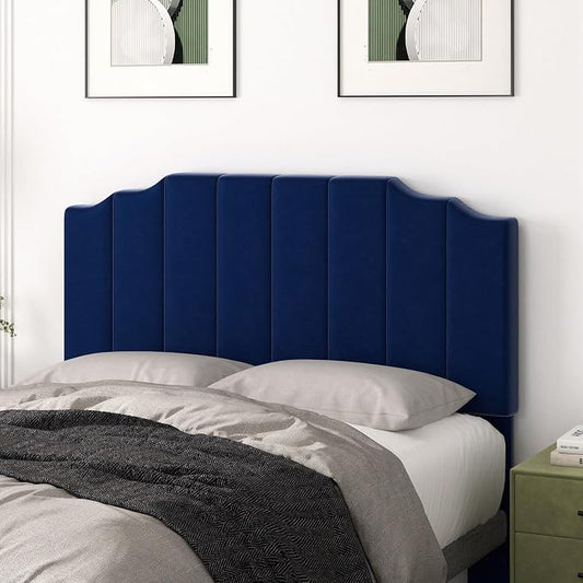 Befurtori Queen Size Headboard Only, Velvet Wall Mounted Headboard Queen/Full Size for Adjustable Bed, Modern Vertical Channel Design with Curved Upholstered Head Board, Royal Blue
