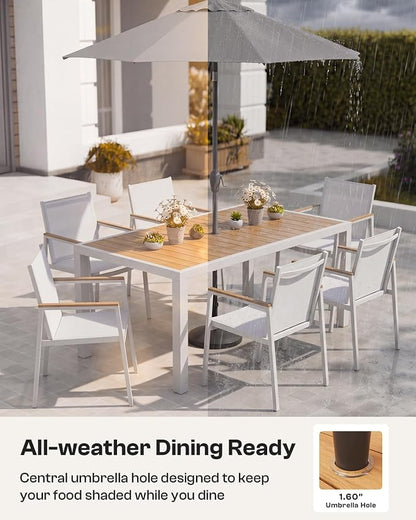 Outdoor Dining Table, Aluminum Patio Table Set, All Weather Patio Dining Furniture Set with Umbrella Hole for Backyard, Deck, Poolside (White-Teak)