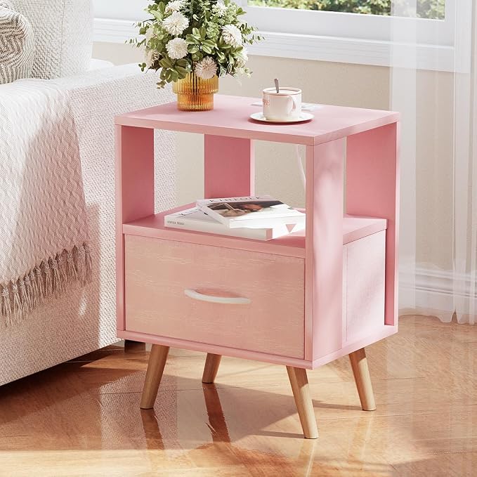 Huhote Kids Nightstand, 2-Tier Night Stand with Charging Station and Drawer, Modern Side Table for Bedroom, Study Room Small Spaces, Pink