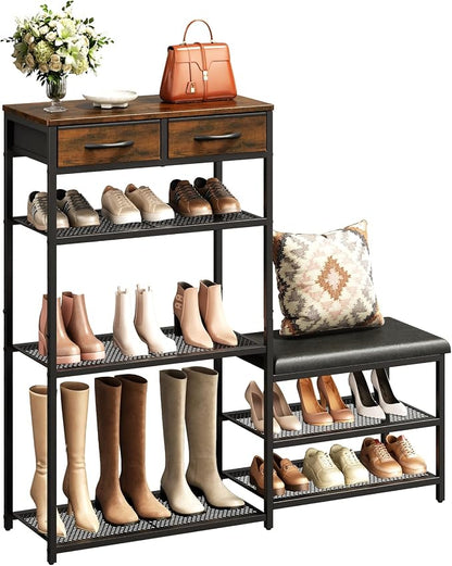 Shoe Rack Bench Shoe Rack for Entryway, Cushioned Entryway Shoe Storage with 2 Drawers & 5-Tier Organizer, Metal Frame Wood Top Narrow Space-Saving Hallway Organizer for Closet & Front Door