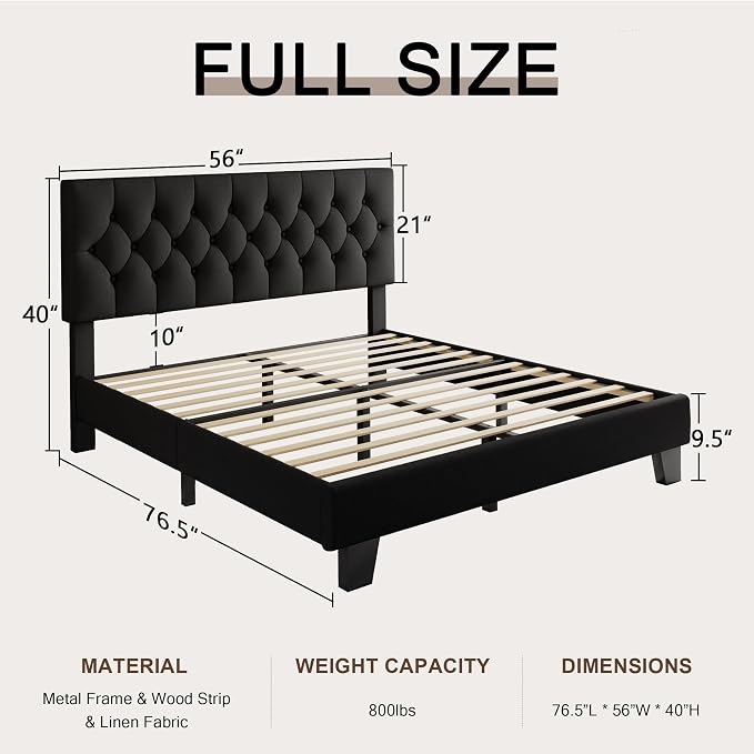 Einhomn Full Upholstered Bed Frame with Headboard, Button Tufted Linen Bed Base, Platform Bed with Wood Slat, Heavy Duty, Easy Assembly, No Box Spring Needed, Black