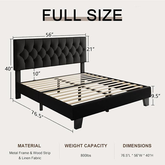 Einhomn Full Upholstered Bed Frame with Headboard, Button Tufted Linen Bed Base, Platform Bed with Wood Slat, Heavy Duty, Easy Assembly, No Box Spring Needed, Black