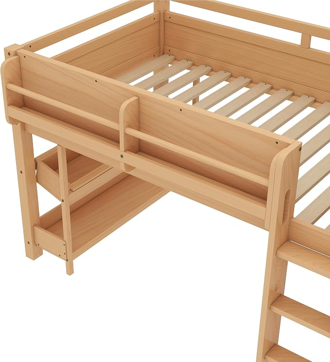 Bellemave Twin Size Low loft Bed with Desk and bookcases, Boxes and Drawers for Kids,Wood Modern Farmhouse Kids Loft Beds with Shelf, Natural