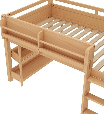 Bellemave Twin Size Low loft Bed with Desk and bookcases, Boxes and Drawers for Kids,Wood Modern Farmhouse Kids Loft Beds with Shelf, Natural