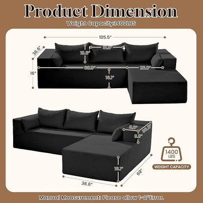 GRUSIGN106 Cloud Sectional Boneless Couch for Living Room, Modular L Shaped Couches with Oversized Right Facing Chaise, Memory Foam Compressed Spineless Deep Seat 3 Seater Sofa for Apartment, Black