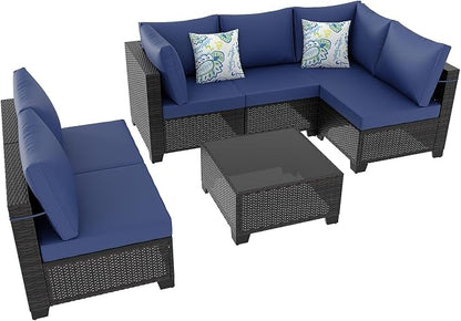 7 Pieces Patio Furniture Set, Outdoor Sectional Rattan Sofa Set, Wicker Patio Conversation Set with Cushions and Glass Coffee Table, for Balcony, Porch, Garden, (Brown/Blue)