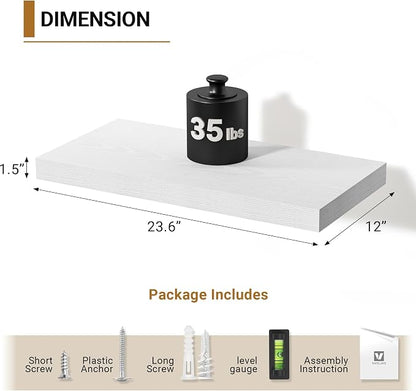 Vivelove White Floating Shelves 12 Inches Deep, [Wood Grain Texture] 24x12 Floating Shelves for Wall with Invisible Brackets, Room Shelves for Living Room Bedroom Bathroom Kitchen Office, Set of 2