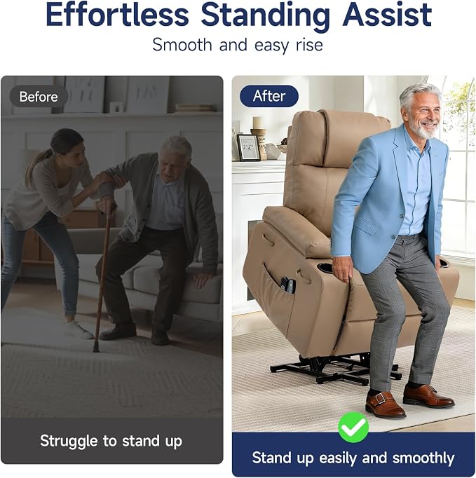Brage Living Power Lift Recliner Chair for Elderly with Massage & Heat, PU Leather Electric Recliner with USB Charge Port, 160° Adjustable Recline, Stand Assist, Remote Control, Cup Holders (Brown)