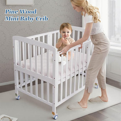 Flwrgirl Convertible Mini Baby Crib - Portable Bedside Bassinet with Mattress Included,5 Heights Baby Crib with Wheels for Newborns,Infant 0-18 Months,White