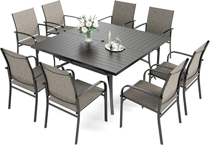 HERA'S HOUSE 9 Pieces Patio Dining Set, Outdoor Table and Chairs Set for 8, 8 x Brown Textilene Dining Chair and 57.5" Square Metal Dining Table, Outdoor Dining Sets for Lawn Garden Backyard Deck