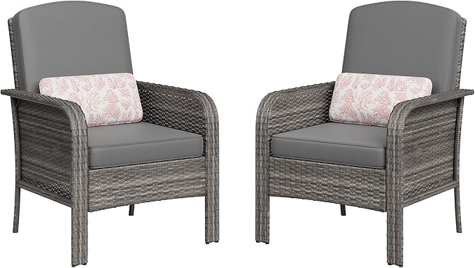 Garvee Outdoor Wicker Chairs,2 Pieces Patio Furniture Set,All Weather High Back Rattan Chairs with High Back&Deep Seating for Deck Porch Balcony Backyard Garden,Grey Rattan & Grey Cushion
