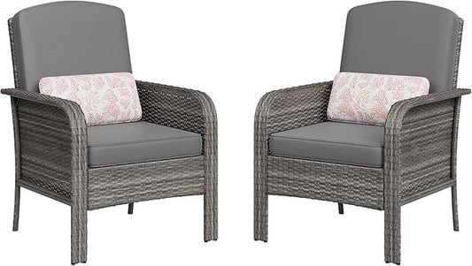 Garvee Outdoor Wicker Chairs,2 Pieces Patio Furniture Set,All Weather High Back Rattan Chairs with High Back&Deep Seating for Deck Porch Balcony Backyard Garden,Grey Rattan & Grey Cushion