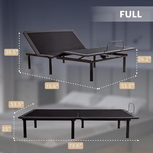 Dyonery Full Adjustable Bed Base Frame with Wireless Remote + 14 Inch Full Gel Memory Foam Mattress Bed in a Box, Head and Foot Incline, Zero Gravity, Fiberglass Free, 75" × 54"