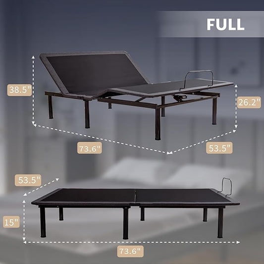 Dyonery Full Adjustable Bed Base Frame with Wireless Remote + 12 Inch Full Gel Memory Foam Mattress Bed in a Box, Head and Foot Incline, Zero Gravity, Fiberglass Free, 75" × 54"