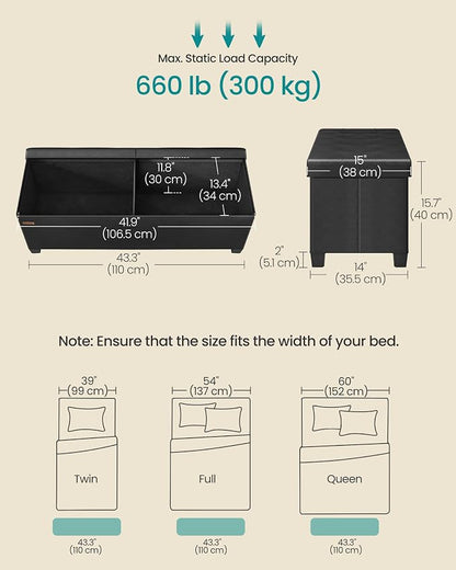 SONGMICS Storage Ottoman Bench with Legs, Folding Ottoman Foot Rest with Flipping Lid, Bench with Storage, for Living Room, Bedroom, Entryway, Linen-Look Fabric, 43.3 Inches, Ink Black ULSF079BH01