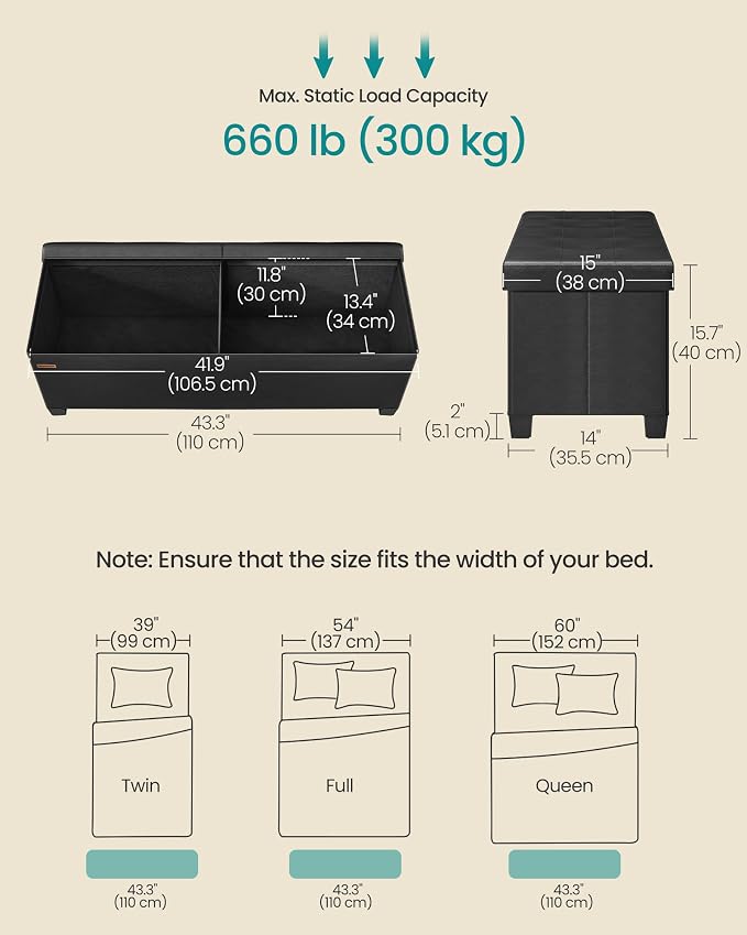 SONGMICS Storage Ottoman Bench with Legs, Folding Ottoman Foot Rest with Flipping Lid, Bench with Storage, for Living Room, Bedroom, Entryway, Synthetic Leather, 43.3 Inches, Ink Black ULSF085BH01