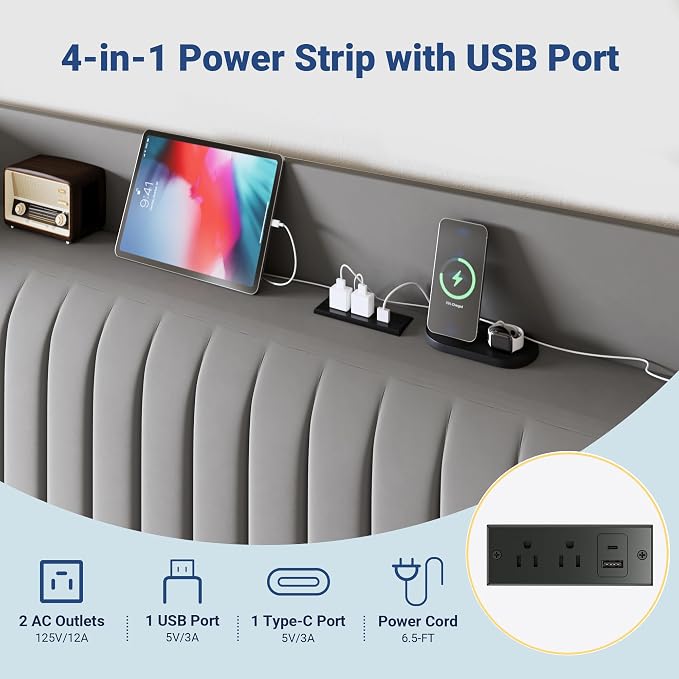 Allewie Full Size Platform Bed Frame with USB Charging Station and Storage Shelf/Upholstered Velvet Wingback Headboard/Wooden Slats Support/No Box Spring Needed/Easy Assembly, Grey