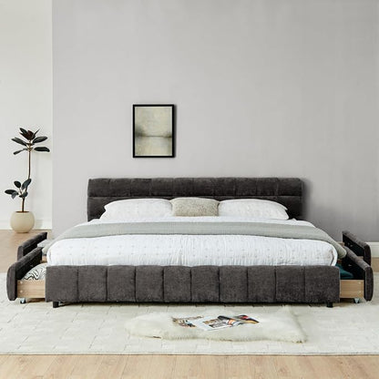 KEIKI King Thick Chenille Bed Frame with 4 Storage Drawer & Upholstered Tufted Headboard, Modern Solid Wood Floor Platform for Bedroom, No Box Spring Needed