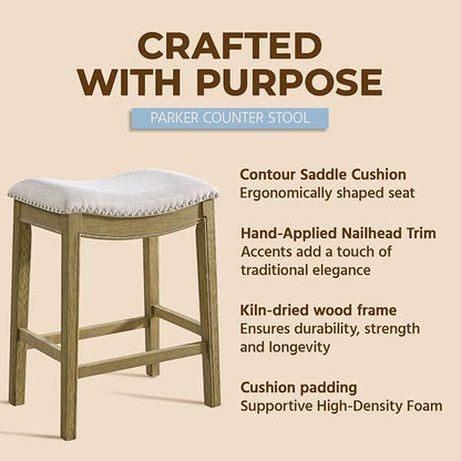 ROME + OAK Set of 4 Parker 26" Counter Stool, Backless Saddle Kitchen Barstool in Natural Wood Finish with Wheat Cream Fabric Upholstery Cushion Seat