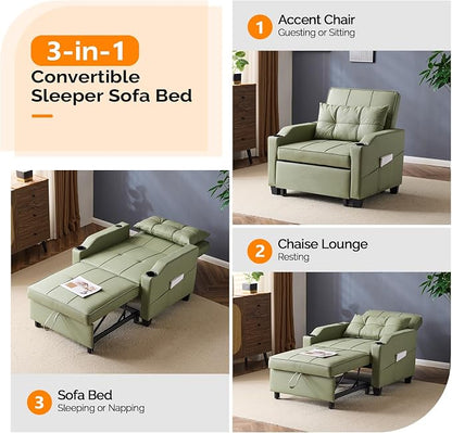 VINGLI Sofa Bed Chair Recliner, 3-in-1 Convertible Sleeper Sofa Chair Bed Green Daybed Pull Out Couch with Adjustable Backrest, USB Ports, Cup Holders for Small Spaces Living Room