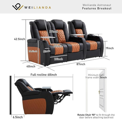 Weilianda Home Theater Seating Top Grain Leather Zero Gravity Recliner Chair Power Headrest Recline Movie Seat Gaming 7 Colors Mood Light Sofa with Tray Table Row of 3 Loveseat Left Black Camel