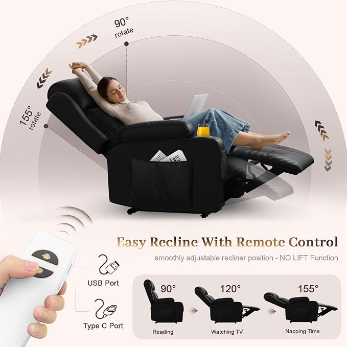 Extra Wide Seat Recliner Chair with Heat and Back Massage, Electric Power Oversized Reclining Chair Infinite Position with Storage Armrests & 2 Cup Holders for Living Room, Manual Recliners