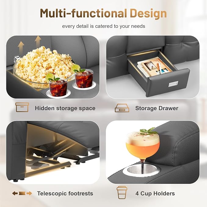 Loveseat Recliner Sofa, Home Theater Seating with Massage, Reclining Loveseats with Console, Wall Hugger RV Couch Movie Theater Chairs, RV Furniture Sofas with USB, Cup Holders, Drawer for Gaming Room