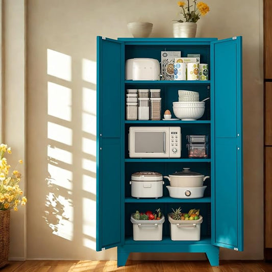 Tall Kitchen Pantry Storage Cabinet,Metal Blue Cabinets With Doors and Adjustable Shelves,Garage Storage Cabinets,Large Steel Shop Cabinet With Lock,Lockable Tool Cupboard For Living Room (Blue)