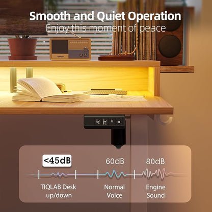 TIQLAB 63'' L-Shaped Standing Desk with LED Light Strip and Power Outlet, Height Adjustable Corner Table with Ergonomic Monitor Stand, Light Walnut