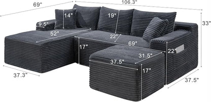 106-Inch Oversized U-Shaped Left Facing Corner Compressed Sofa Modular Boneless Cloud Sectional Sofa Floor Foam Couch W/Chaise & Ottoman, Corduroy Corner Boneless Cloud Couch