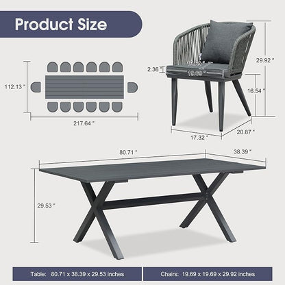 PURPLE LEAF 16 Pieces Patio Dining Set Wicker Outdoor Furniture Rectangular Table and Chairs Set for Garden Deck Aluminum Frame Backyard Kitchen Set, Cushions and Pillows Included Grey