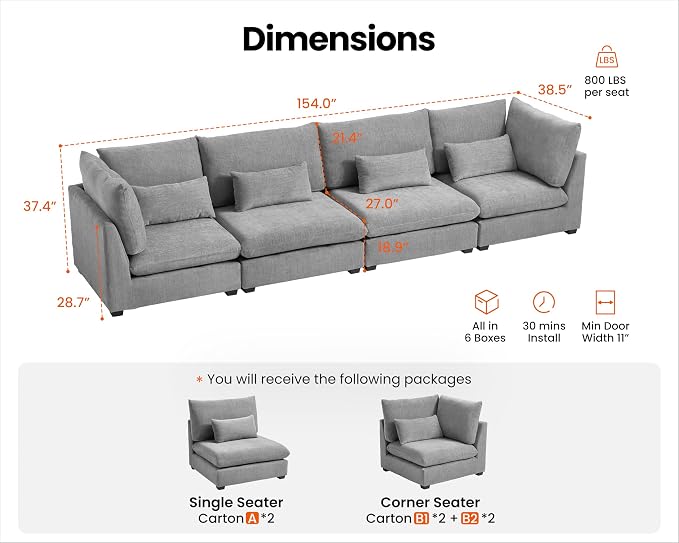 154" Oversized Chenille Couch Modular Sectional Sofa, Washable Cloud Cloud Sectional, 4 Seater Sectional Couches for Living Room, Fully Cover Removable, Basic 4 Seater, Chenille, Grey