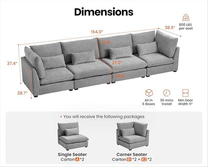 154" Oversized Chenille Couch Modular Sectional Sofa, Washable Cloud Cloud Sectional, 4 Seater Sectional Couches for Living Room, Fully Cover Removable, Basic 4 Seater, Chenille, Grey