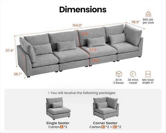 154" Oversized Chenille Couch Modular Sectional Sofa, Washable Cloud Cloud Sectional, 4 Seater Sectional Couches for Living Room, Fully Cover Removable, Basic 4 Seater, Chenille, Grey
