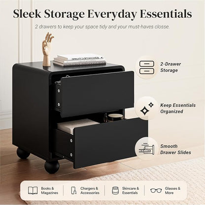 Furniway Black Nightstand Set of 2, Modern 2 Drawer Bedside Table with Curved Profile Design and Handle-Free Drawers, Modern End Table with Storage for Bedroom