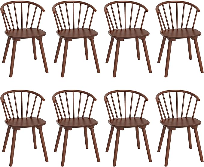 LUE BONA Brown Dining Chairs Set of 8, Farmhouse Wood Dining Chairs with Semicircular Backrest, Spindle Dining Chair for Kitchen and Dining Room, 18 Inch