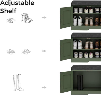 Homleke 2-Tier Storage Bench, Shoe Bench with Thickened Padded Seat Cushion, Entryway Bench with 4 Doors, Adjustable Shelf, 13.8" D x 45.3" W x 18.5" H, for Entryway, Living Room, Bedroom, Green