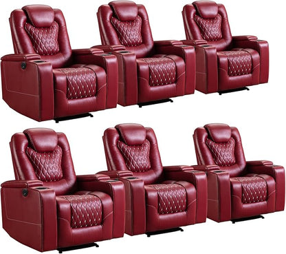 ANJ Power Recliner Chair Set of 6, Electric Soft Faux Leather Reclining Home Theater Seating - USB Ports, Cup Holders, Hidden Arm Storage Movie & Media Room Chairs (Red)
