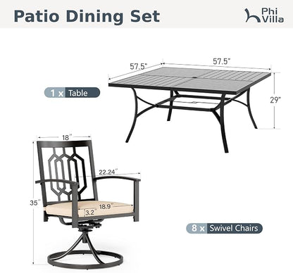 PHI VILLA 9 Pieces Outdoor Dining Set for 8, 57.5" Black Square Wrought Iron Table with Umbrella Hole & Swivel Metal Chairs with Cushions, Large Outside Furniture Set for Patio, Deck, Yard, Porch
