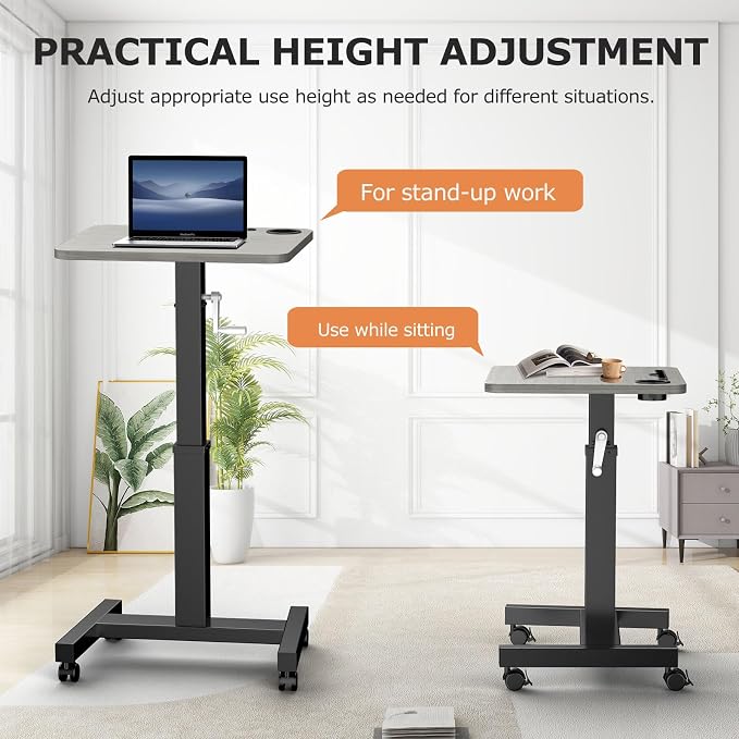 Mobile Standing Desk with Wheels, Elevating Table,Lift desks for Home Office,Rolling Portable Laptop Desk Height Adjustable, Mobile Computer Desk,Small Sit Stand Workstation（Black）