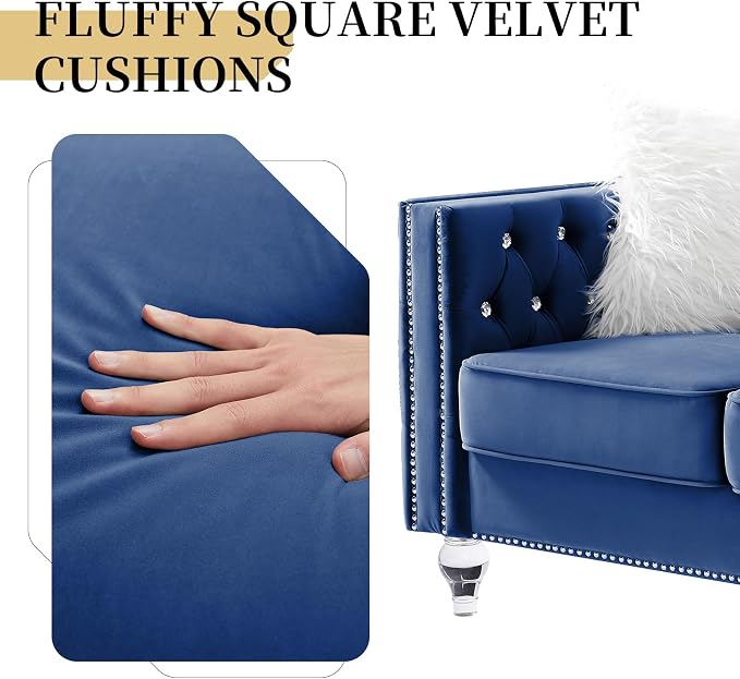 60" Chesterfield Sofa, Velvet Mid-Century Modern Upholstered Loveseat Sofa with 2 Throw Pillows and Acrylic Legs, Nailhead Button Tufted Vintage Couch for Living Room, Apartment, Blue