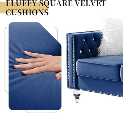 60" Chesterfield Sofa, Velvet Mid-Century Modern Upholstered Loveseat Sofa with 2 Throw Pillows and Acrylic Legs, Nailhead Button Tufted Vintage Couch for Living Room, Apartment, Blue