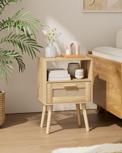 Aienvey Rattan Nightstand, Small Night Stand, Side Table with Drawer Open Shelf, Cane Accent Bedside End Table with Wood Legs, Mid Century Modern Nightstand for Bedroom, Oak (Mid-Century Modern)