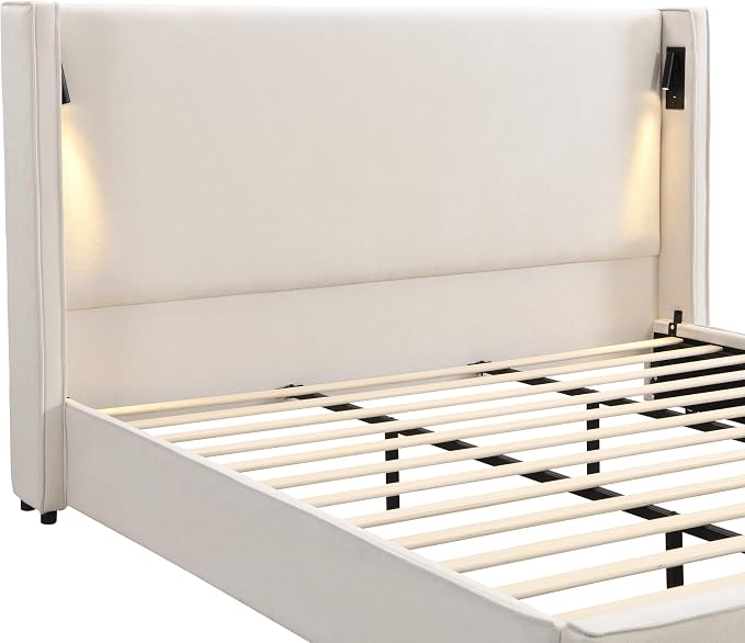 Christopher Knight Home Hazel 45.70"H California King Bed Frames, Linen Upholstered Cal King Bed Frame, Slats Panel Support, No Spring Box Needed, Wingback Headboard with Reading Lamps and USB, Beige