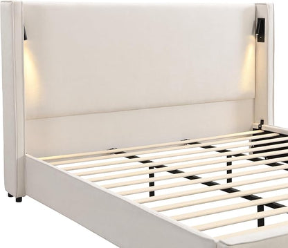 Christopher Knight Home Hazel 45.70"H California King Bed Frames, Linen Upholstered Cal King Bed Frame, Slats Panel Support, No Spring Box Needed, Wingback Headboard with Reading Lamps and USB, Beige