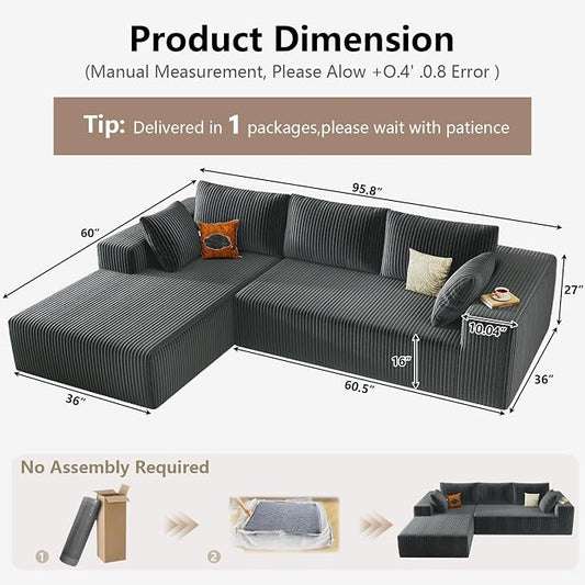 95" Cloud Sectional Couch with L-Shape Chaise, Modular Comfy Sofa Chaise Longue, Upholstered Corduroy Couches Sleeper with Deep Seat for Living Room Bedroom, No Assembly Required(Grey, Left Facing)