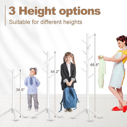 Aliphon Wooden Coat Rack Stand, Freestanding Coat Rack with 8 Hooks, 3 Adjustable Size Coat Tree for Hats, Coats, Scarves bags, Coat Hanger Stand Used in Bedroom/Office/Entryway, 2 PCS (White)