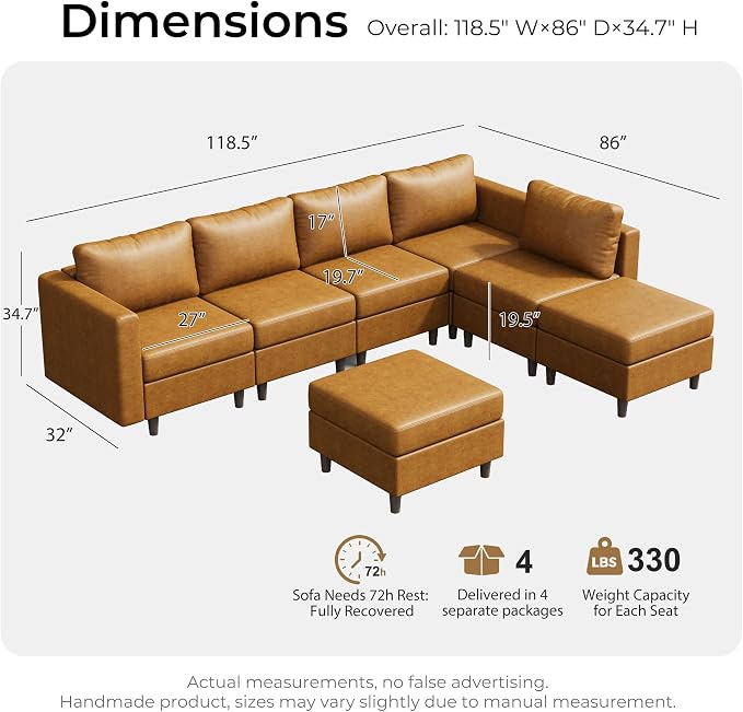 ABCASA Faux Leather Sectional, Modular Sectional Sofa with Storage Seats, 7 Seat Faux Leather Modular L Shaped Couches with Movable Ottoman for Living Room,Brown