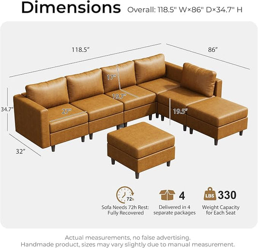 ABCASA Faux Leather Sectional, Modular Sectional Sofa with Storage Seats, 7 Seat Faux Leather Modular L Shaped Couches with Movable Ottoman for Living Room,Brown